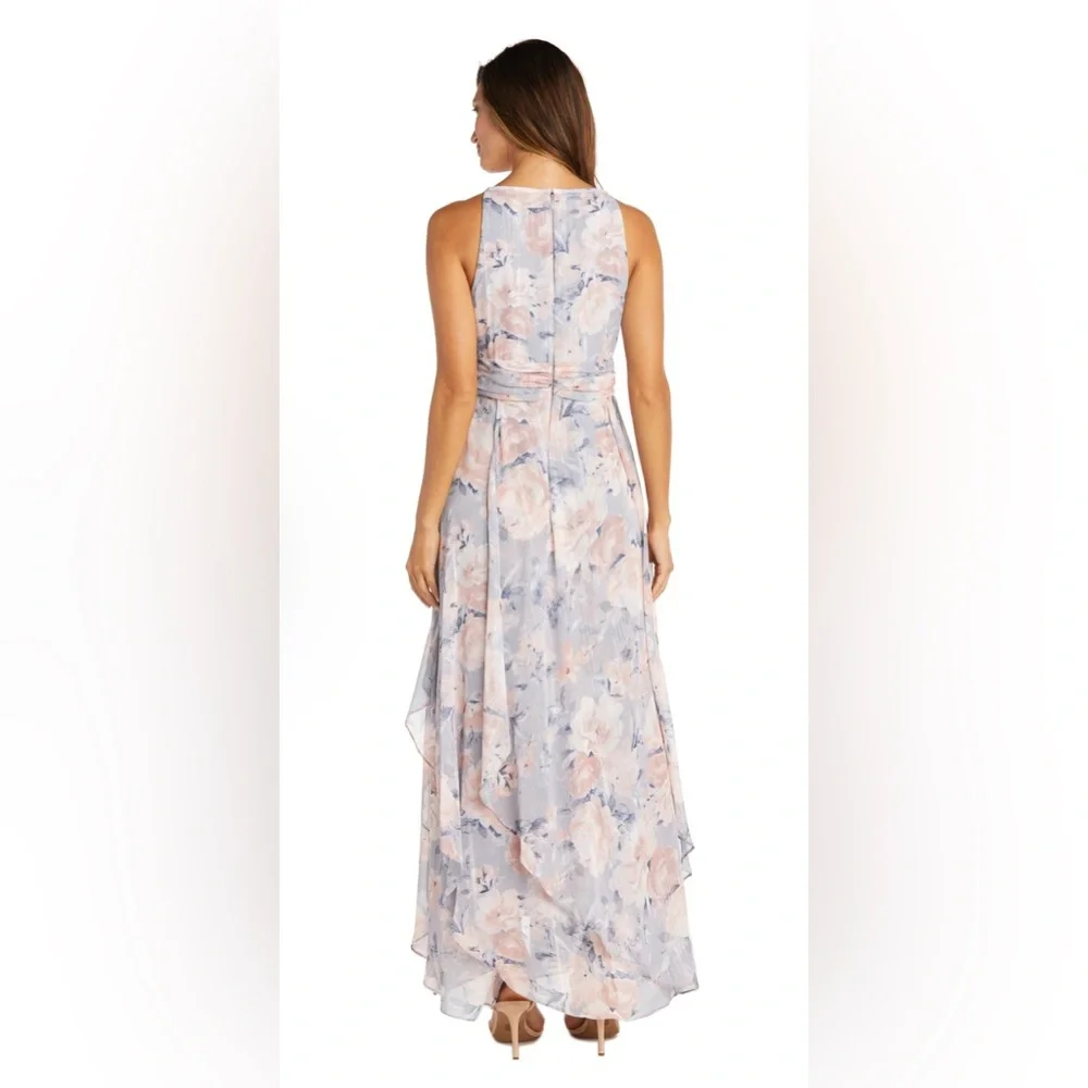 R&M Richards Women’s Floral Halter Maxi Dress Gray & Mauve Size 4P - Picture 2 of 12